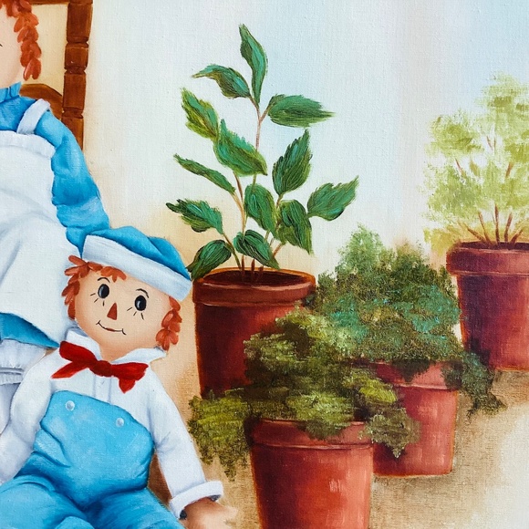 Vintage Raggedy Ann and Andy Large Oil Painting Canvas Initials On Back 18x24” - Picture 8 of 13